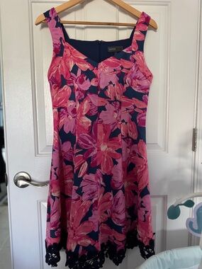 Donna Ricco Navy and Pink Floral Fit-and-Flare Midi Dress